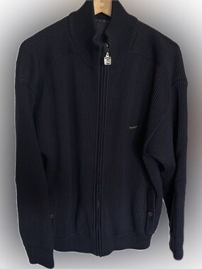 Paul & Shark ribbed-knit zip-up cardigan dark blue wool, high neck.